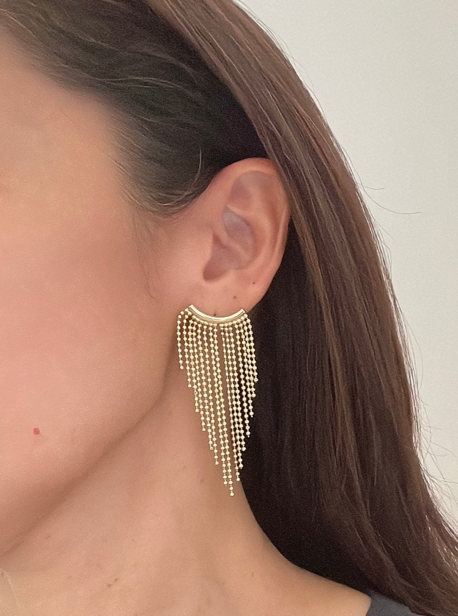 Gold filled mesh drop long earrings.