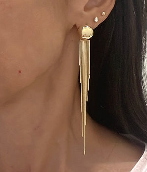 Bold stud mesh drop long earrings.