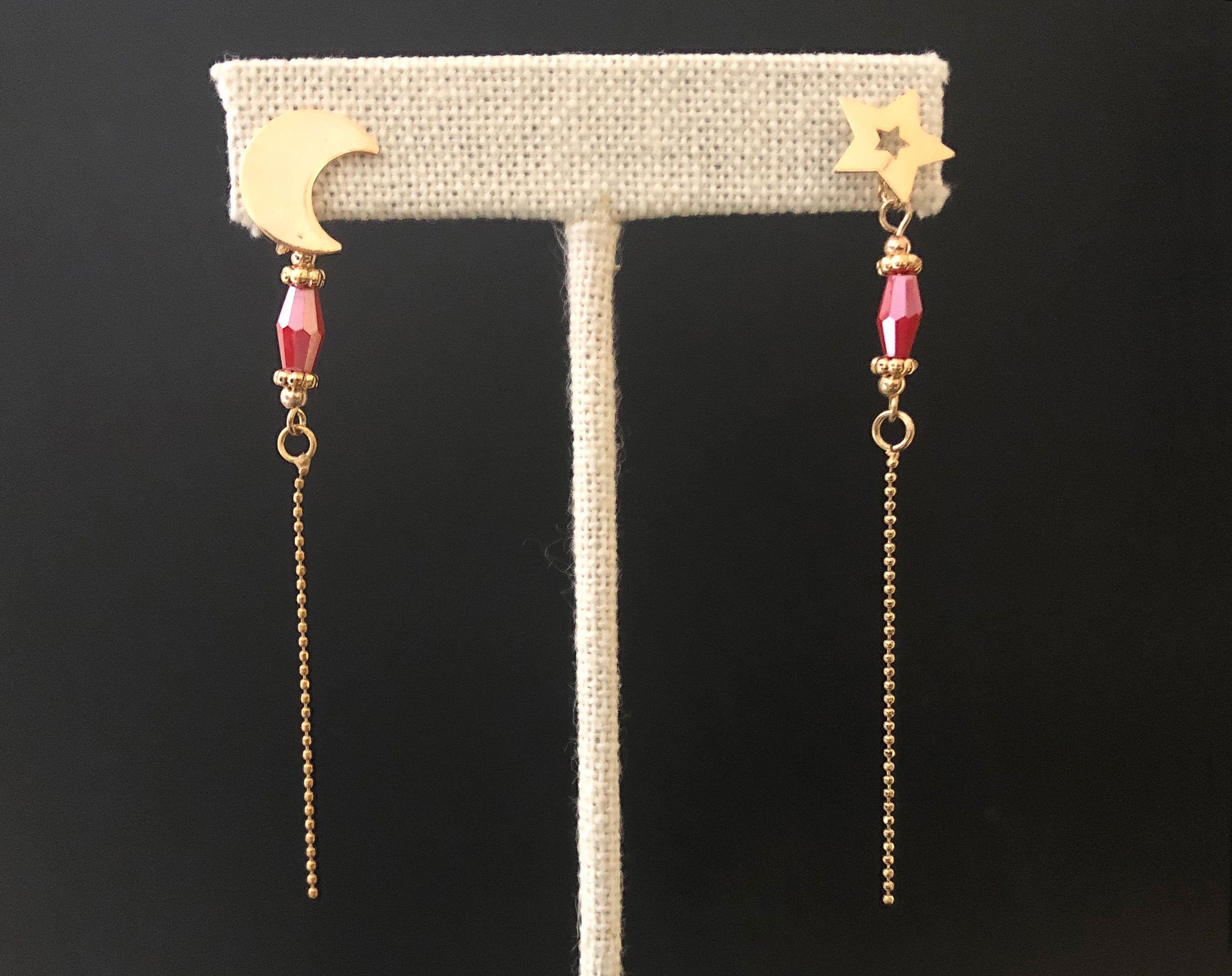 Gold filled earring with moon, star, and pendant string chain