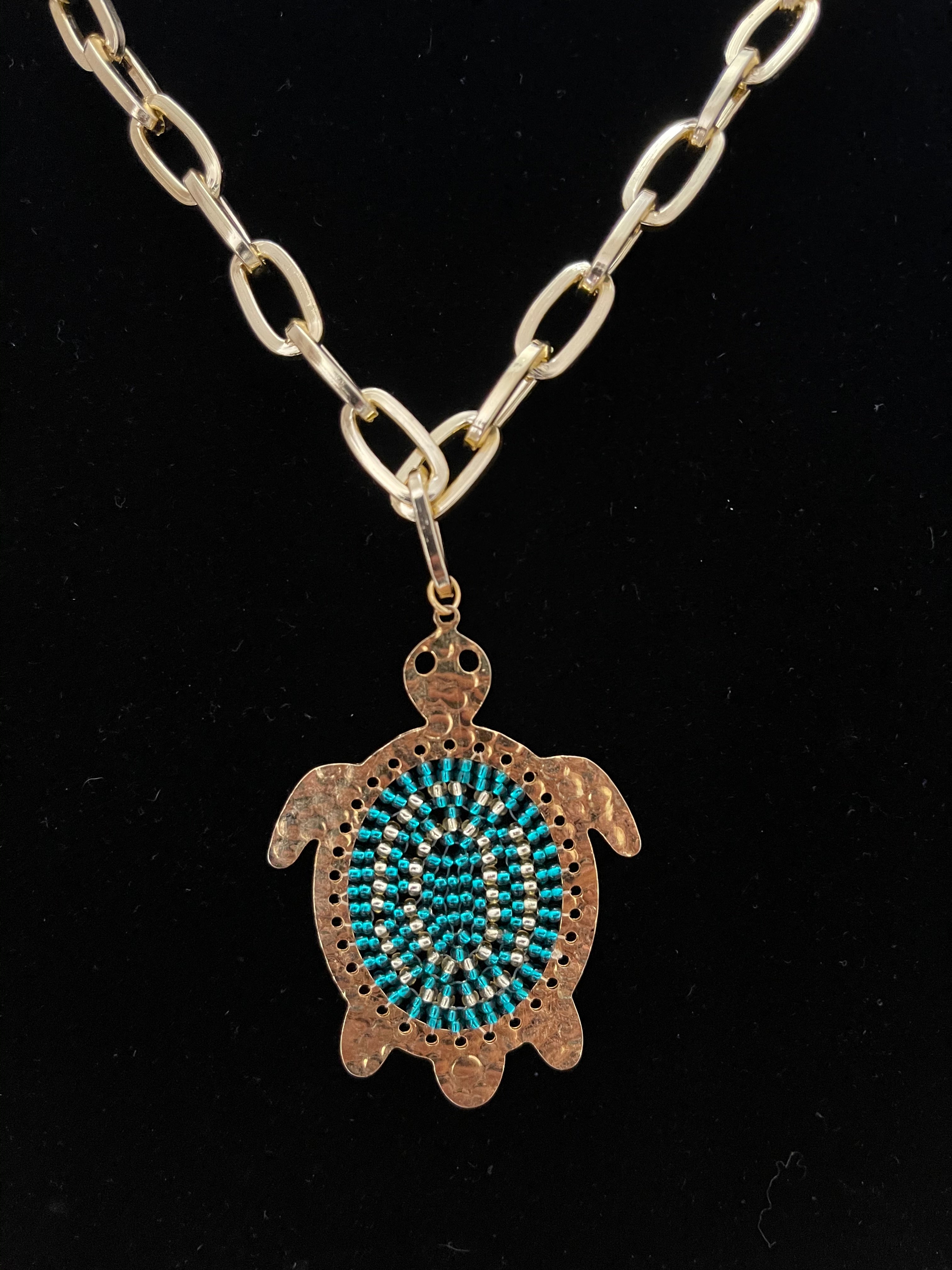 Gold Filled Links Necklace Green Turtle Charm