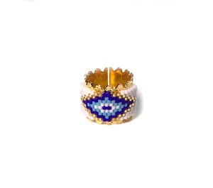 Adjustable Golden Bronze Ring, Evil eye Knitted with Miyuki Beads