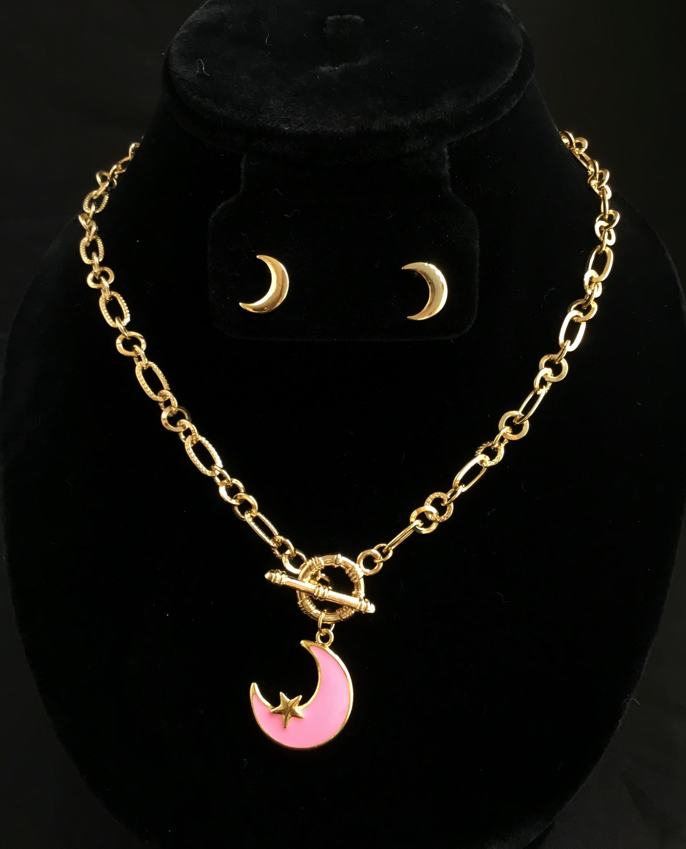 Gold Filled Links Necklace, Moon Charm and Earrings