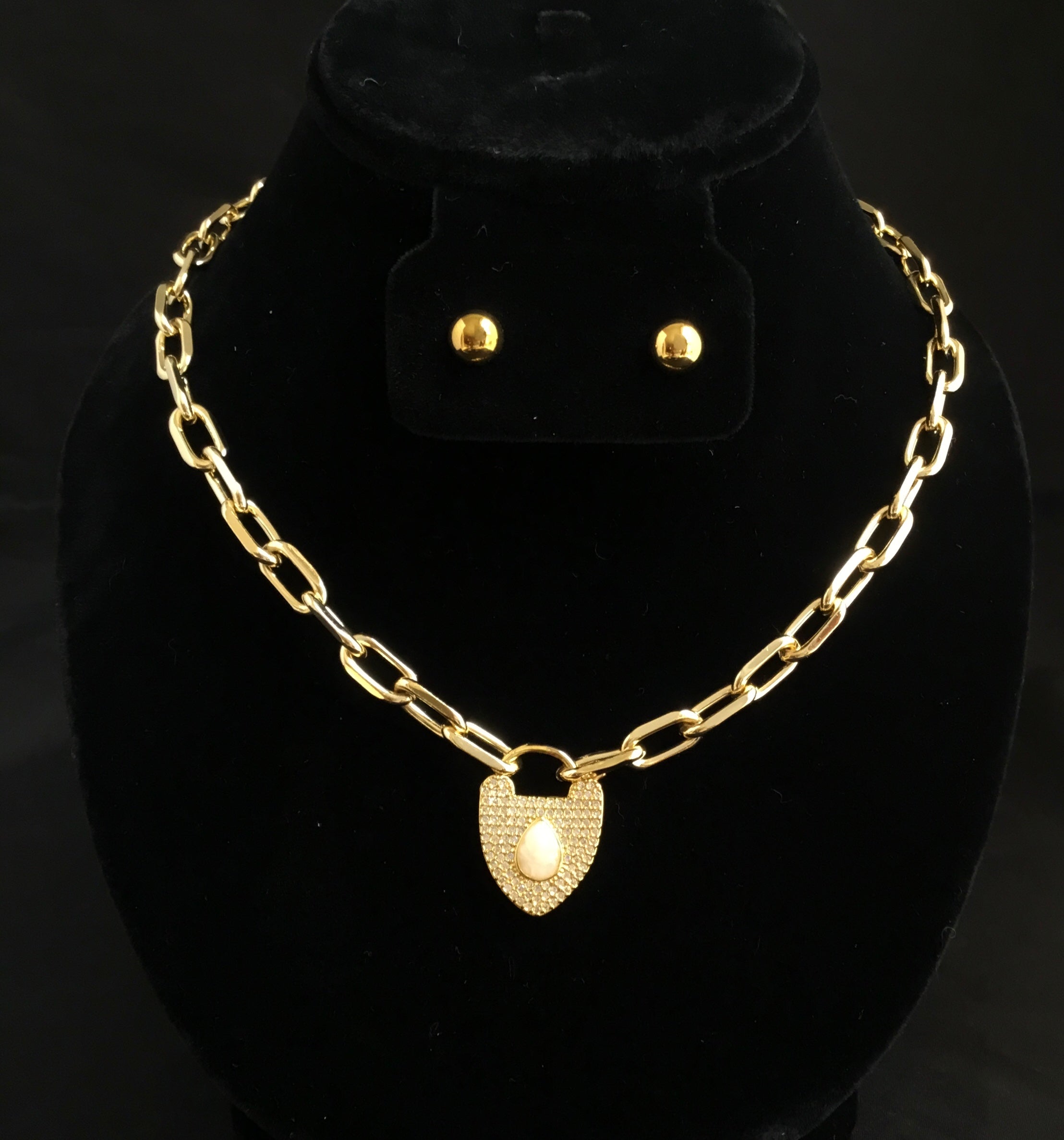 Gold Filled Links Necklace with Padlock Heart and Studs Earrings