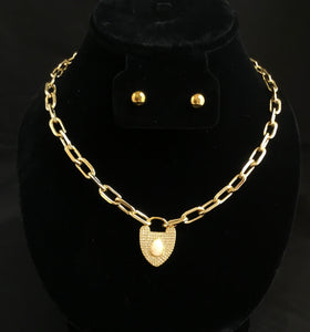 Gold Filled Links Necklace with Padlock Heart and Studs Earrings