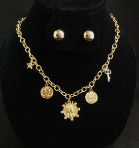 Gold Filled Link Necklace with Charms and Stud Earrings