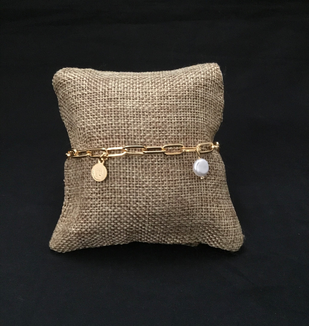 Gold Filled Link Bracelet with Pearl and Coin Charm