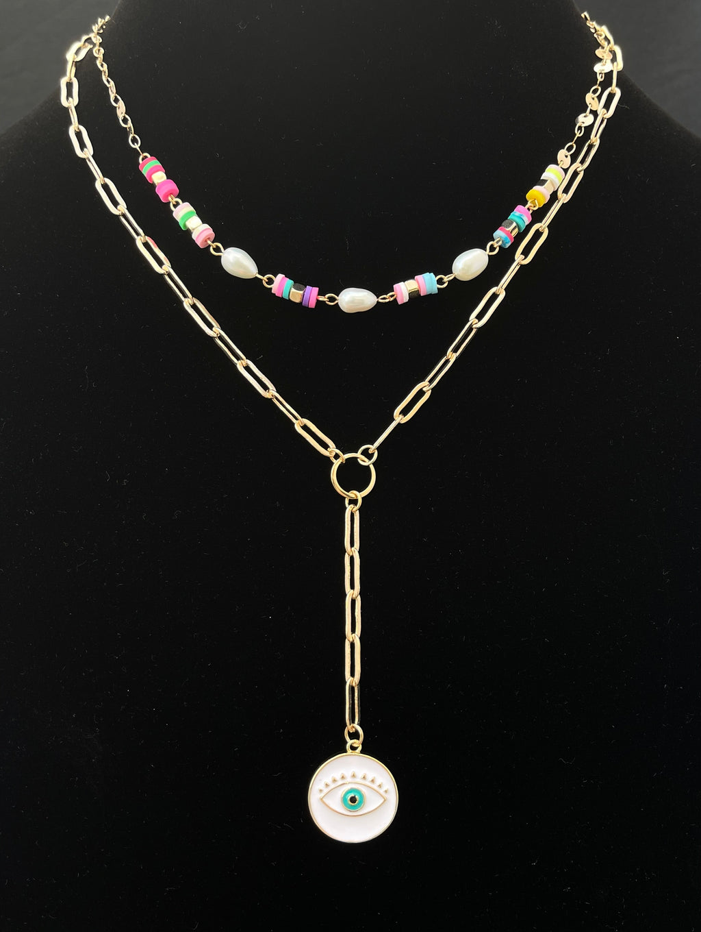 Double Necklace in Gold-filled and Evil Eye