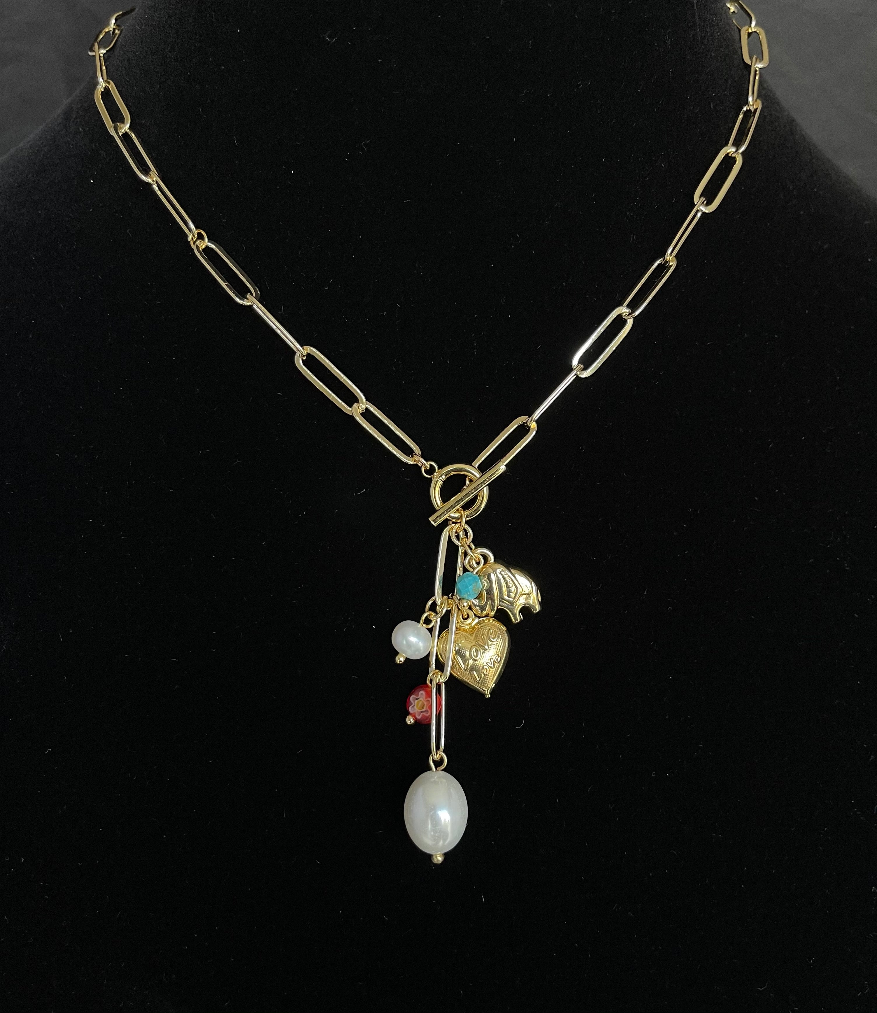Gold Filled Link Necklace whit  Charm and Pearl