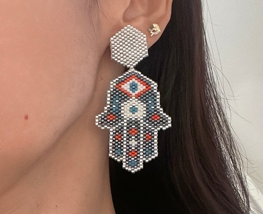 Handmade earrings miyuki  silver hamsa hand