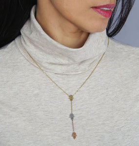 Stainless Steel Necklace 3 golds Hamsa Hand with Earrings