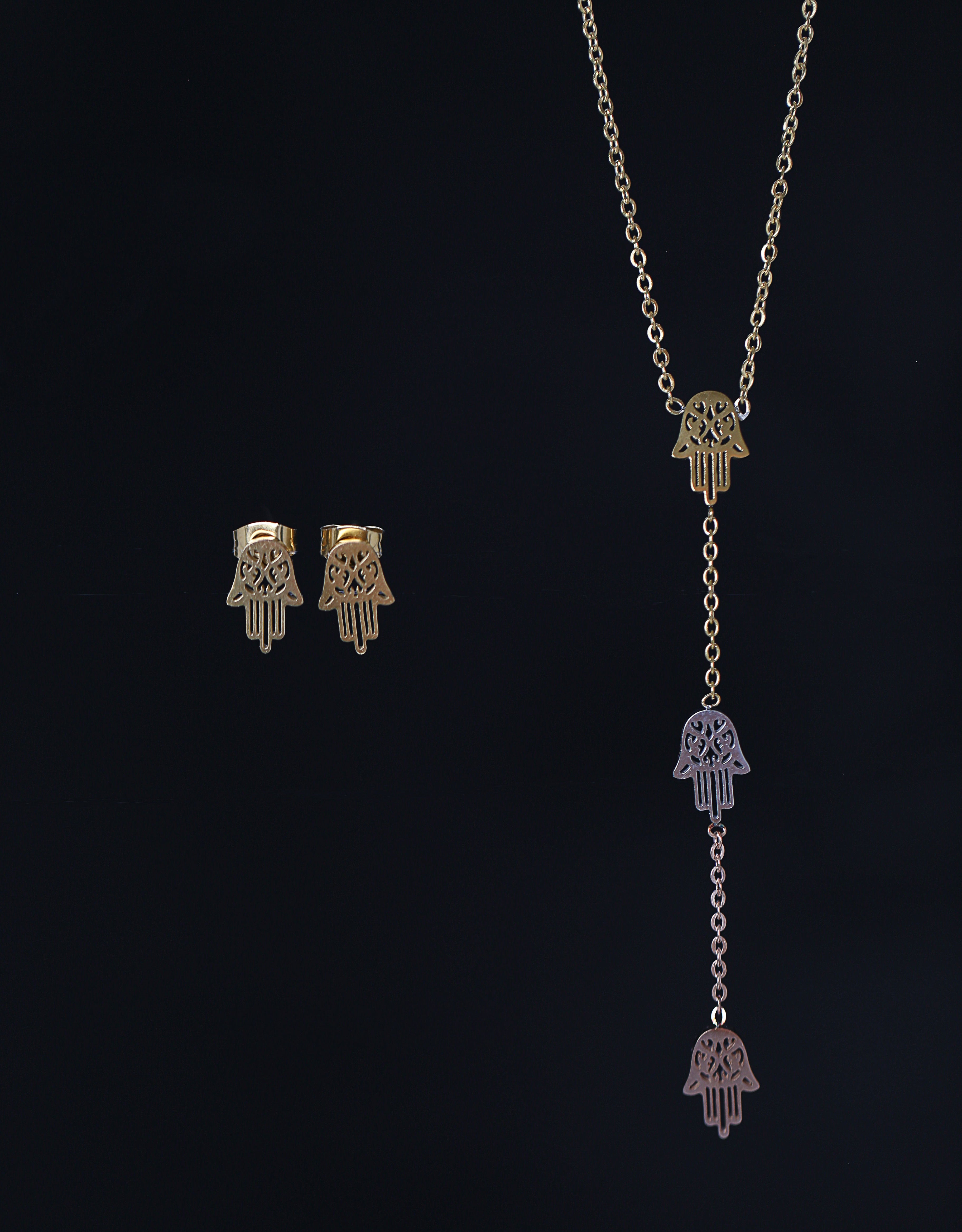 Stainless Steel Necklace 3 golds Hamsa Hand with Earrings