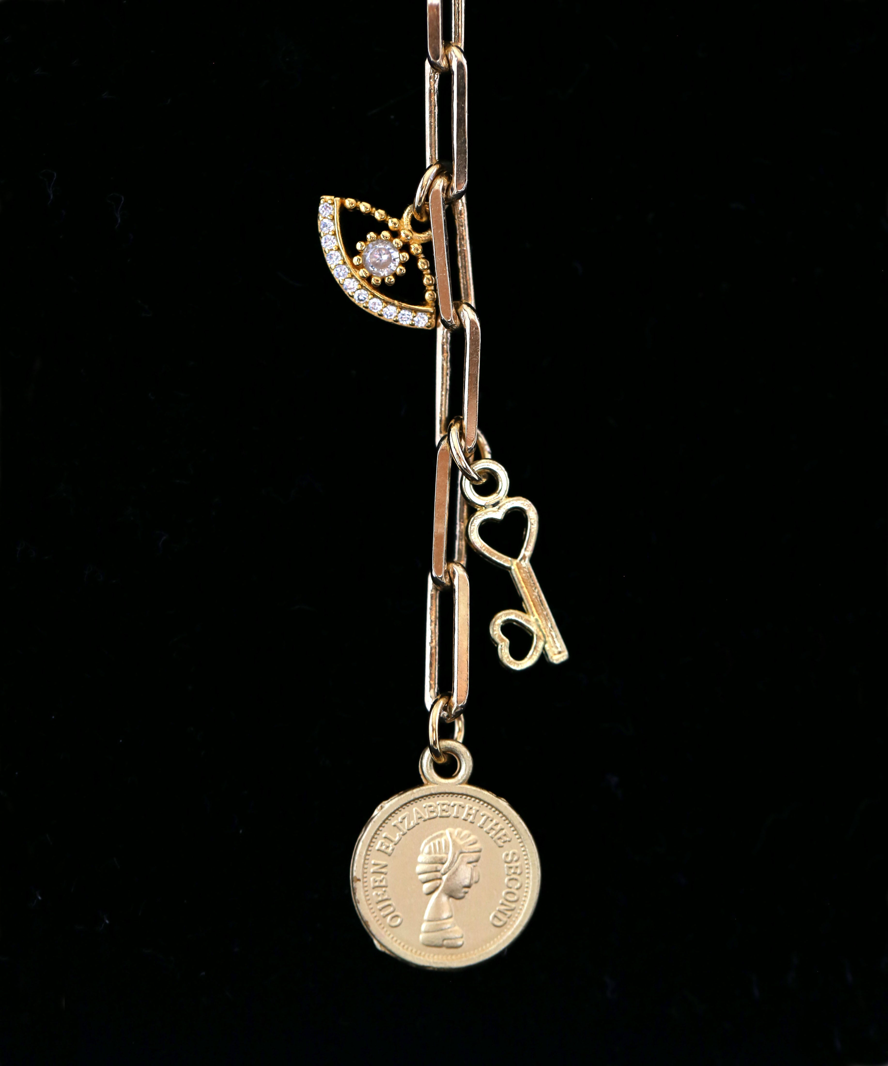 Gold Filled Paperclip Link Chain with Coins, Evil Eye, Key Charms