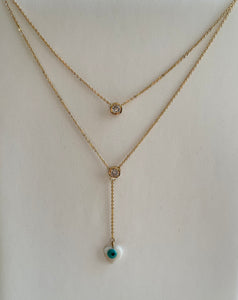 Double Gold Filled Necklace Evil Eye Heart, and Zircon Studs