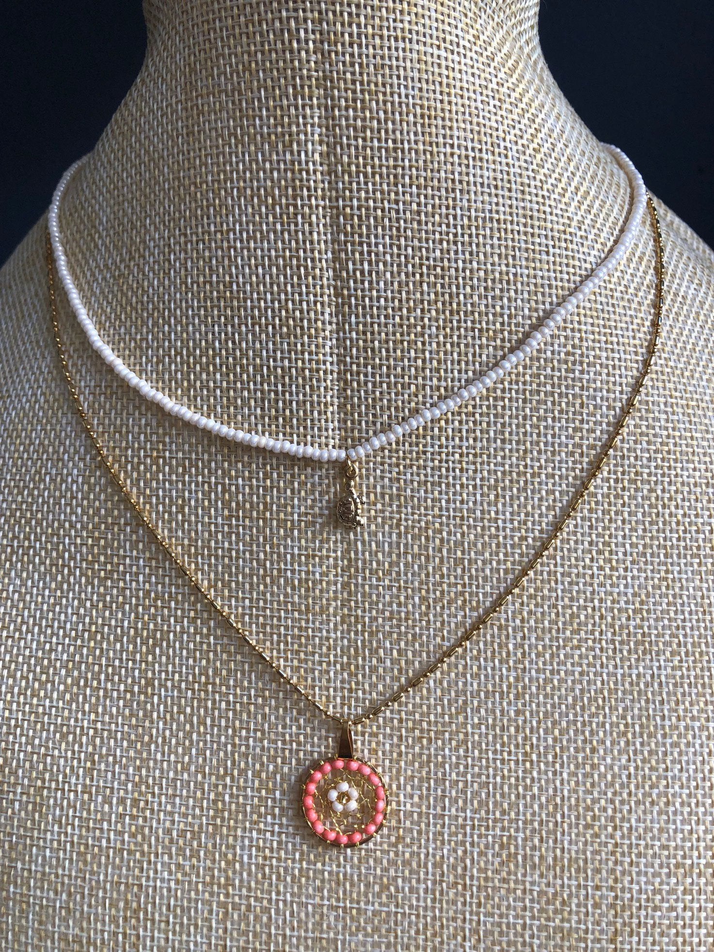 Gold Filled and Chakira Double Necklace Charm Tourtle and Mandala