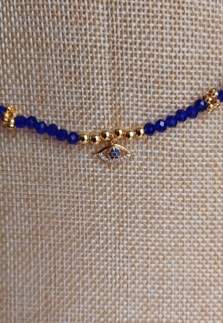 Choker blue murano and gold filed  with evil eye charm
