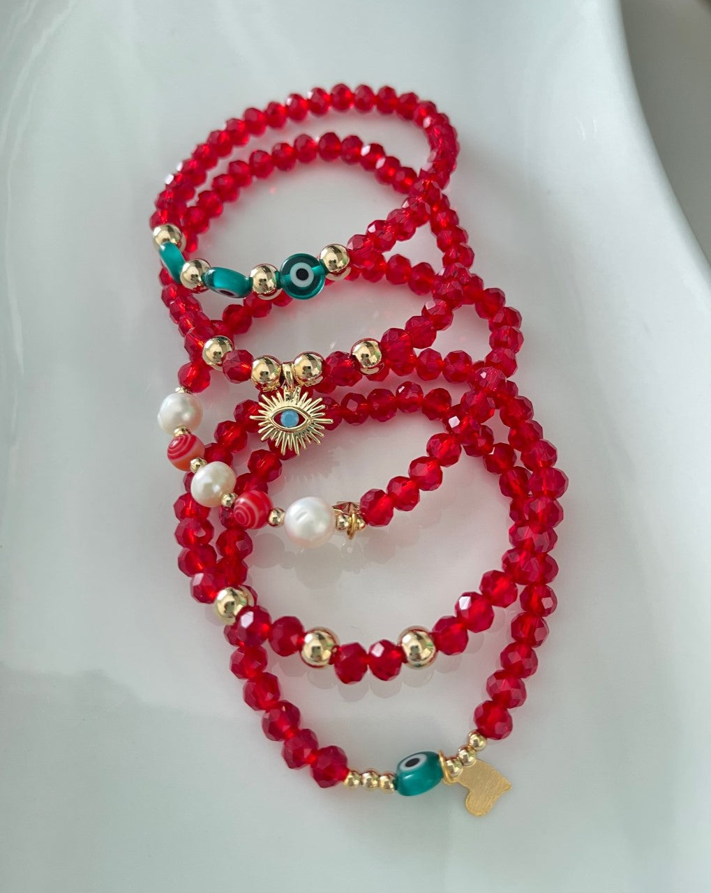 Red Stack Bracelet set of 5, All Stretch All Separate Pieces